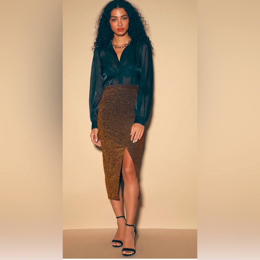 Lulus Gold Sparkle Pencil Skirt with Slit Size S